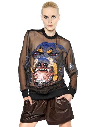GIVENCHY - ROTTWEILER EMBROIDERED SILK ORGANZA TOP