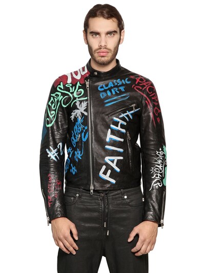 DIESEL BLACK GOLD - GRAFFITI PAINTED SMOOTH LEATHER JACKET