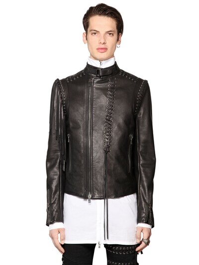 DIESEL BLACK GOLD - FRINGED & LACE-UP GRAINED LEATHER JACKET