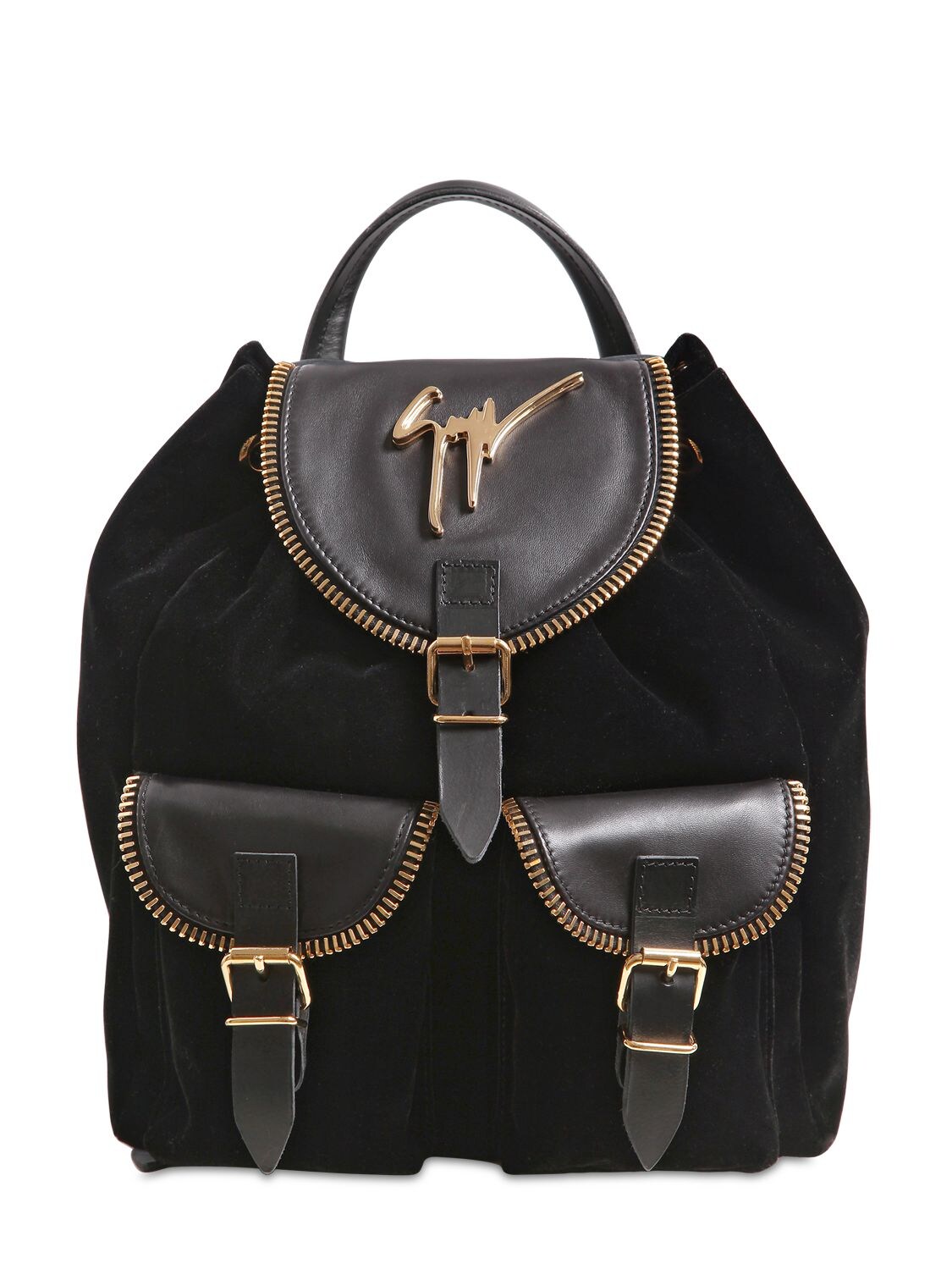 VELVET BACKPACK WITH ZIP LEATHER DETAILS