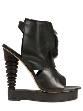 ALAIN QUILICI - 135MM LEATHER AND FUR OPEN TOE WEDGES