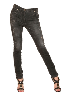 BALMAIN - DESTROYED SKINNY STRETCH DENIM JEANS