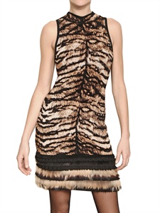 ROBERTO CAVALLI - RACCOON FUR &amp; VISCOSE JACQUARD DRESS