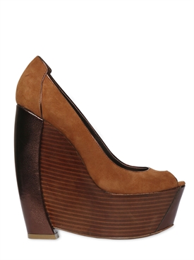 RACHEL ZOE - SUEDE AND WOOD OPEN TOE WEDGES