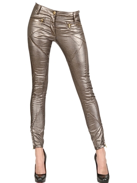 FAITH CONNEXION - WAXED STRETCH COTTON DENIM BIKER JEANS