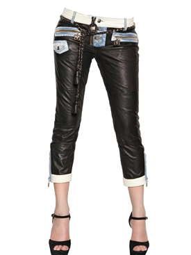 DSQUARED - LEATHER WITH DENIM INSERT TROUSERS