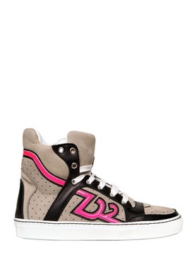 DSQUARED - 20MM LEATHER AND NEON HIGH TOP SNEAKERS
