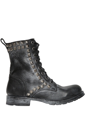 FRYE - 30MM STUDDED WAXED TUMBLED LEATHER BOOTS