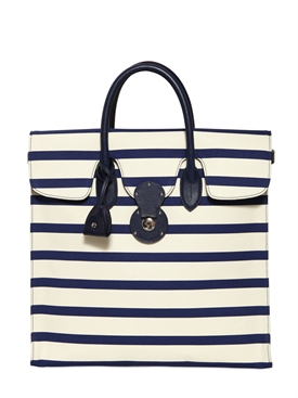 RALPH LAUREN - RICKIE STRIPED CANVAS AND LEATHER TOTE