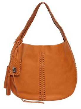 RALPH LAUREN - WOVEN TASSELS BRUSHED LEATHER HOBO BAG