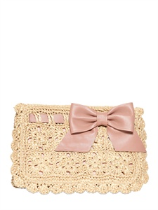 RED VALENTINO - CROCHET RAFFIA AND LEATHER CLUTCH