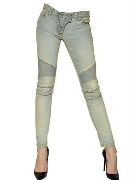 BALMAIN - STRETCH COTTON DENIM BIKER JEANS