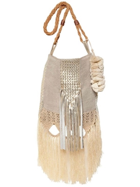CLARAMONTE - CARMEN FRINGED LINEN &amp; GOLD LEATHER BAG