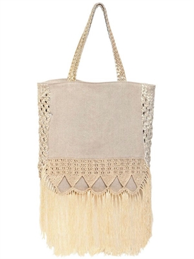 CLARAMONTE - CARAVANE FRINGED LINEN &amp;GOLD LEATHER BAG