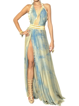 VERSACE - LEATHER &amp; TIE DYED GEORGETTE LONG DRESS