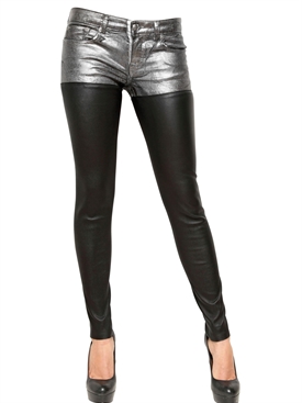 R 13 - 5 POCKET DENIM AND STRETCH LEATHER JEANS