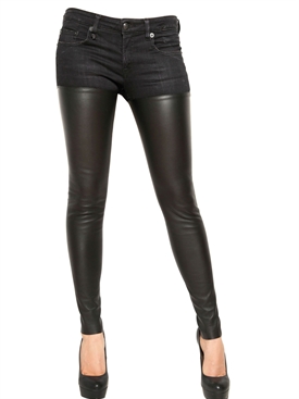 R 13 - 5 POCKET DENIM AND STRETCH LEATHER JEANS