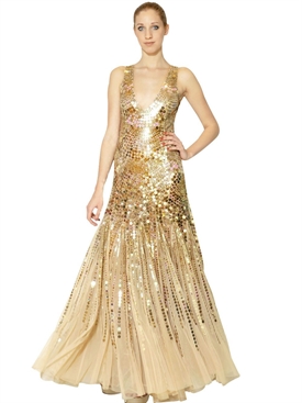 BLUMARINE - SEQUINS ON TECHNO MESH LONG DRESS