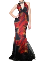 JOHN RICHMOND - PRINTED SATIN AND TULLE LONG DRESS