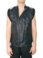 NEIL BARRETT - REMOVABLE SLEEVES CREASED LEATHER JACKET - NAVY