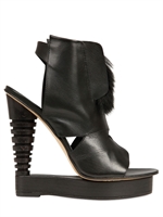 ALAIN QUILICI - 135MM LEATHER AND FUR OPEN TOE WEDGES - BLACK