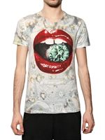 MAX SIX - LIPS PRINTED RAW CUT JERSEY T-SHIRT