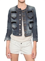 DSQUARED - LEATHER BOW STRETCH DENIM JACKET