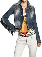 DSQUARED - LEATHER FRINGED STUDDED DENIM JACKET