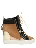 GIUSEPPE ZANOTTI - 90MM SUEDE AND LEATHER SNEAKER WEDGES
