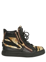 GIUSEPPE ZANOTTI - LEATHER & PRINTED SATIN HIGH TOP SNEAKER
