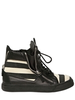 GIUSEPPE ZANOTTI - LEATHER & CANVAS HIGH TOP SNEAKERS