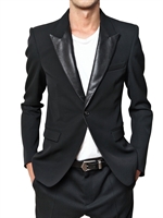 BALMAIN - PERFORATED LEATHER LAPEL TWILL WOOL JACK
