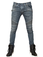 BALMAIN - 17CM WASHED DENIM BIKER JEANS