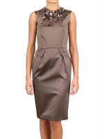 JUAN VIDAL - CRYSTAL EMBROIDERY ON SILK SATIN DRESS - BROWN