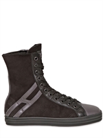 HOGAN REBEL - 20MM SUEDE & SHEARLING HIGH TOP SNEAKERS - BLACK/GREY