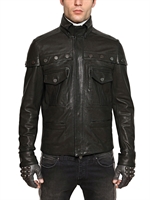 KARL LAGERFELD PARIS - WOVEN NAPPA CARRÈ BUTTON LEATHER JACKET - BLACK