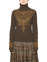 SALVATORE FERRAGAMO - METAL EMBROIDERY ON WOOL KNIT SWEATER - FOREST GREEN