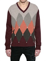 BALLANTYNE - WOOL KNIT DIAMOND V-NECK SWEATER - BORDEAUX/MULTI
