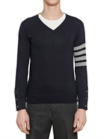 THOM BROWNE - MAGLIA IN LANA SCOLLO A V - BLU SCURO