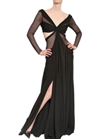JAY AHR - TECHNO NET ON SILK CHIFFON LONG DRESS - BLACK