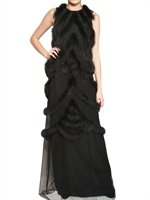 VIKTOR&ROLF - FOX TRIM ON TECHNO TULLE LONG DRESS - BLACK