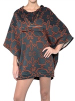 YVONNE S - MAXI PRINTED FLEECE PONCHO WITH HOOD - CHARCOAL/RUST
