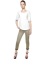 BURBERRY BRIT - CHECKED CUFFS STRETCH JERSEY T-SHIRT - WHITE