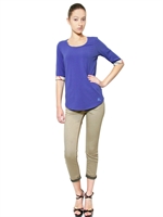 BURBERRY BRIT - CHECKED CUFFS STRETCH JERSEY T-SHIRT - BLUE