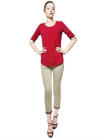 BURBERRY BRIT - CHECKED CUFFS STRETCH JERSEY T-SHIRT - WINE