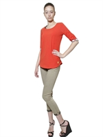BURBERRY BRIT - CHECKED CUFFS STRETCH JERSEY T-SHIRT - ORANGE