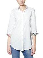 BURBERRY BRIT - CHECKED TRIM STRETCH COTTON POPLIN SHIRT - WHITE