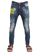 DSQUARED - 17CM TIDY BIKER HIBISCUS DENIM JEANS - BLUE