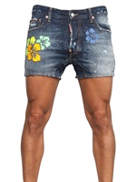 DSQUARED - HIBISCUS APPLIQUÉ BIKER DENIM SHORTS - BLUE