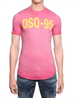 DSQUARED - DSQ-95 BEDRUCKTES BAUMWOLL LEINEN JERSEY T-SHIRT - PINK/GELB